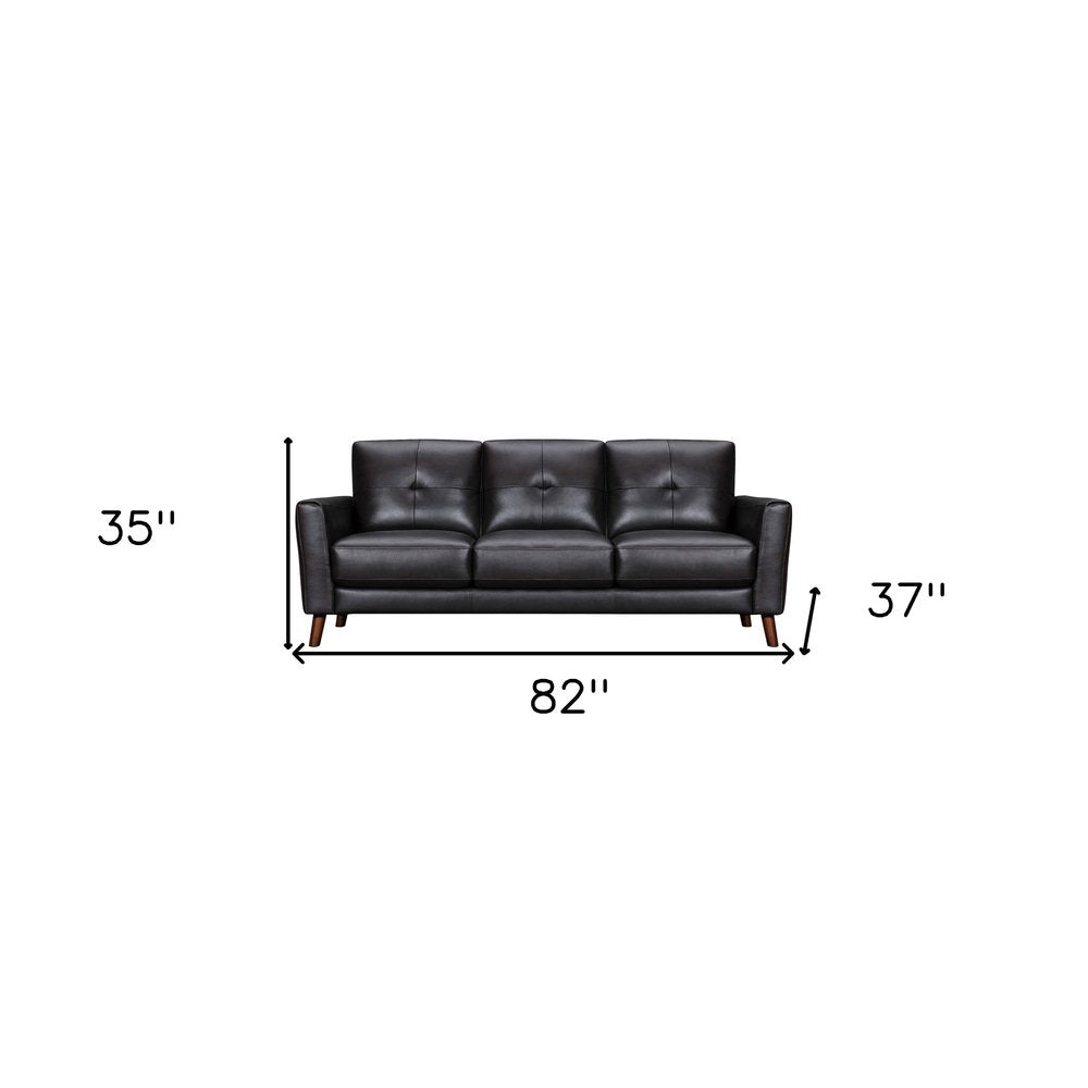 Black Leather Sofa with Brown Legs - 82-inch
