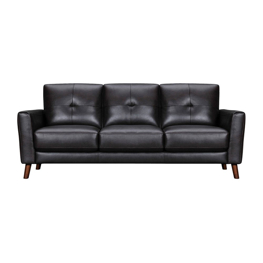 Black Leather Sofa with Brown Legs - 82-inch