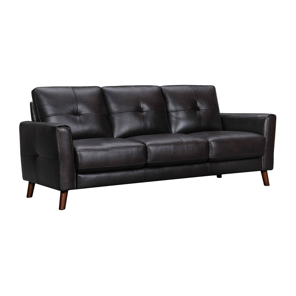Black Leather Sofa with Brown Legs - 82-inch