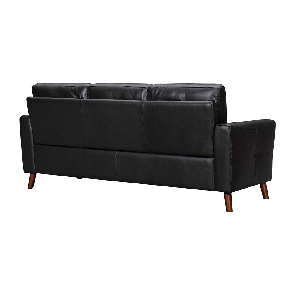 Black Leather Sofa with Brown Legs - 82-inch