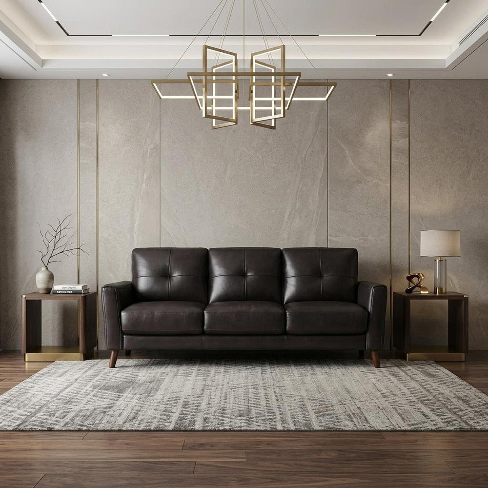 Black Leather Sofa with Brown Legs - 82-inch