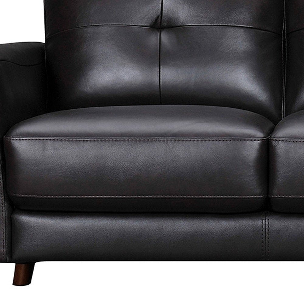 Black Leather Sofa with Brown Legs - 82-inch