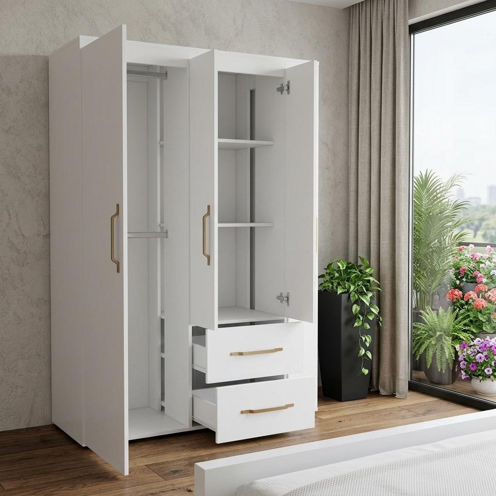 White Wood Four Door Two Drawer Combo Dresser - 70-inch