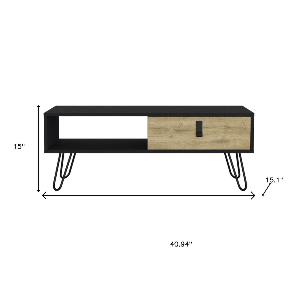 Black and Oak Wood and Metal Coffee Table with Drawer and Shelf