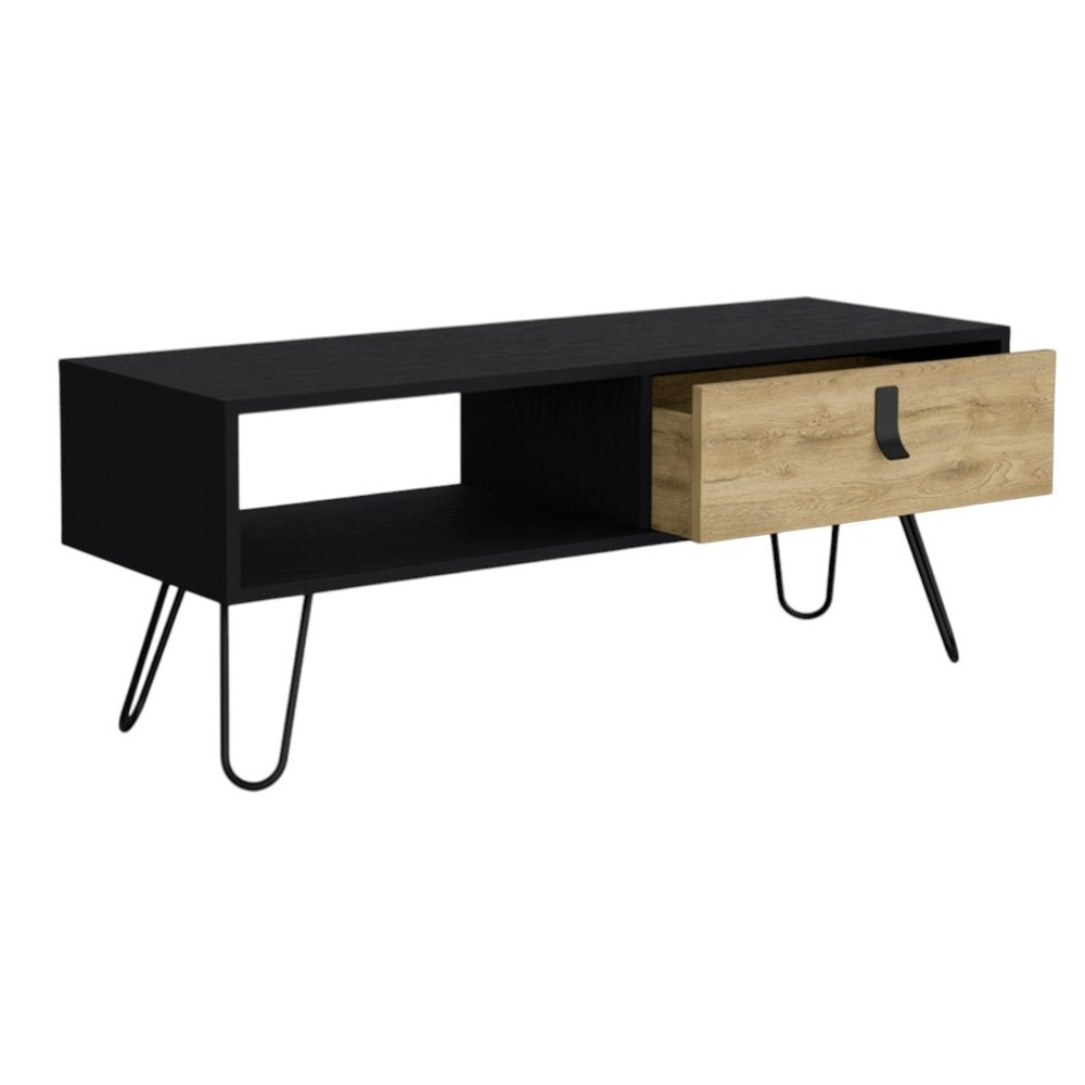 Black and Oak Wood and Metal Coffee Table with Drawer and Shelf