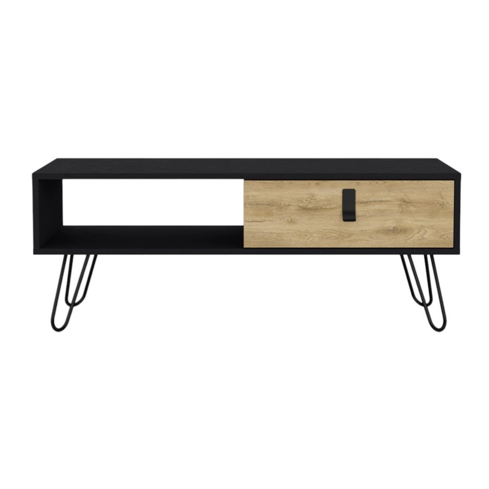 Black and Oak Wood and Metal Coffee Table with Drawer and Shelf