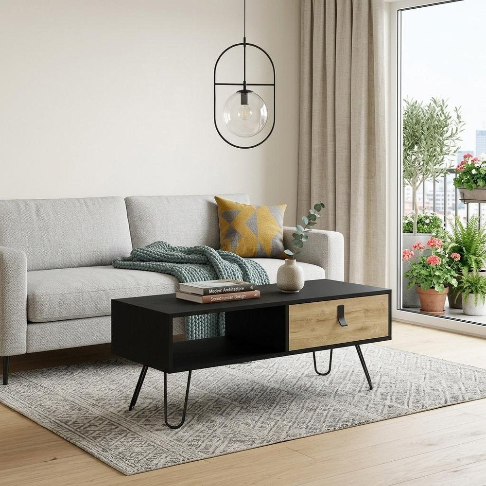 Black and Oak Wood and Metal Coffee Table with Drawer and Shelf