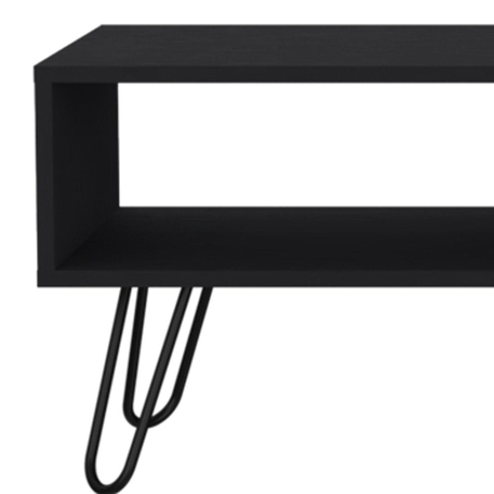 Black and Oak Wood and Metal Coffee Table with Drawer and Shelf
