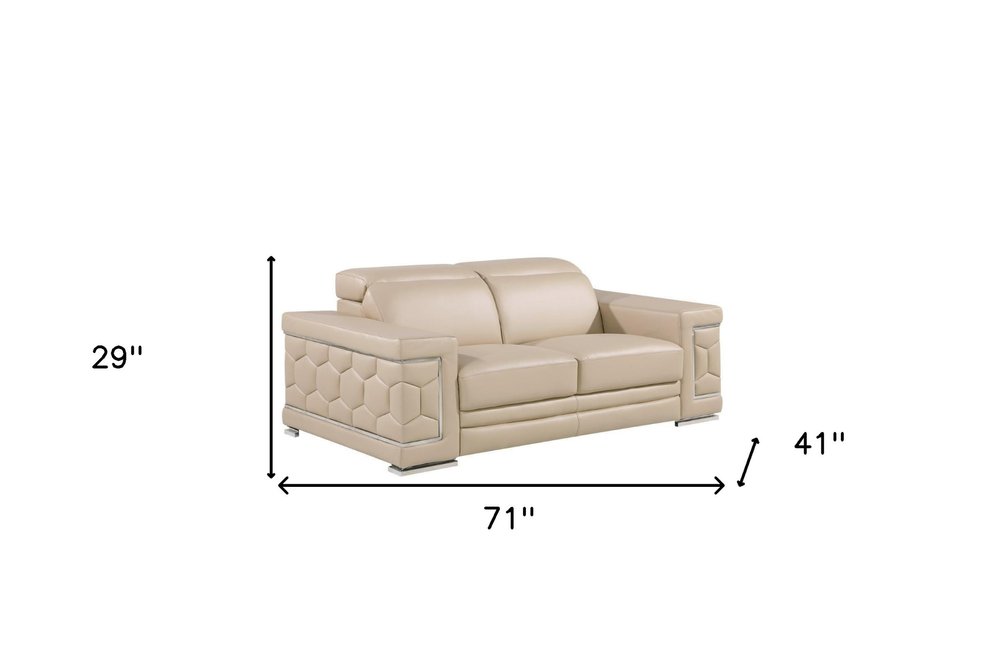 Beige and Silver Genuine Leather Loveseat - 71-inch