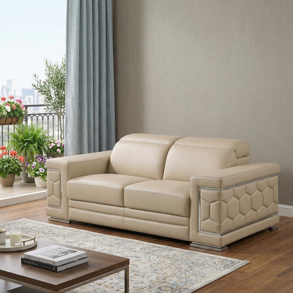 Beige and Silver Genuine Leather Loveseat - 71-inch