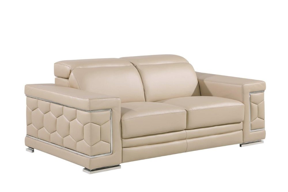 Beige and Silver Genuine Leather Loveseat - 71-inch