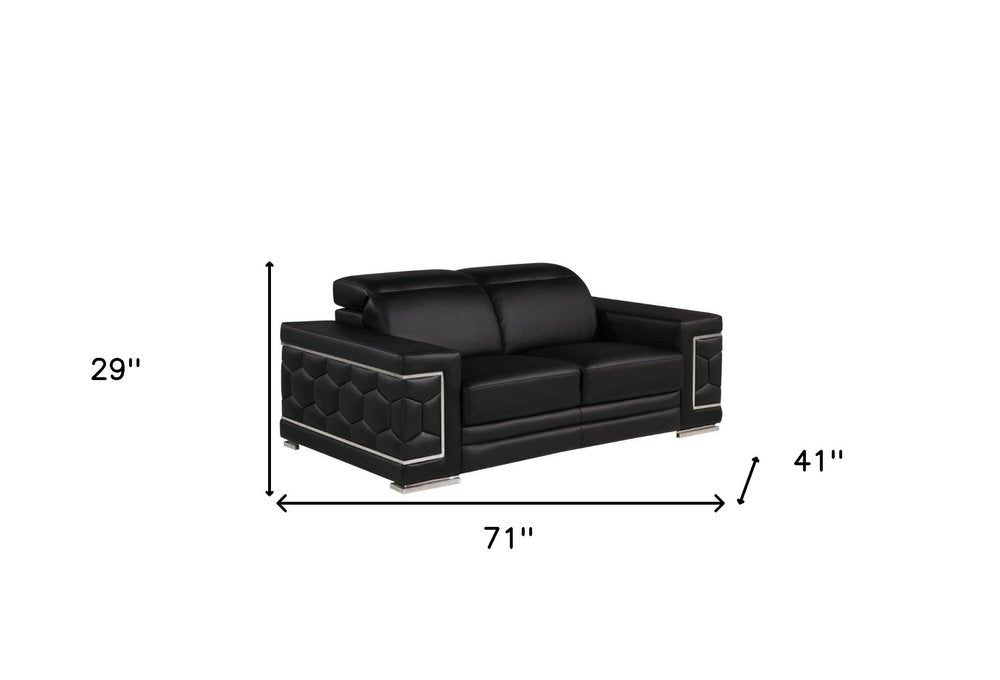 Black and Silver Genuine Leather Loveseat - 71-inch