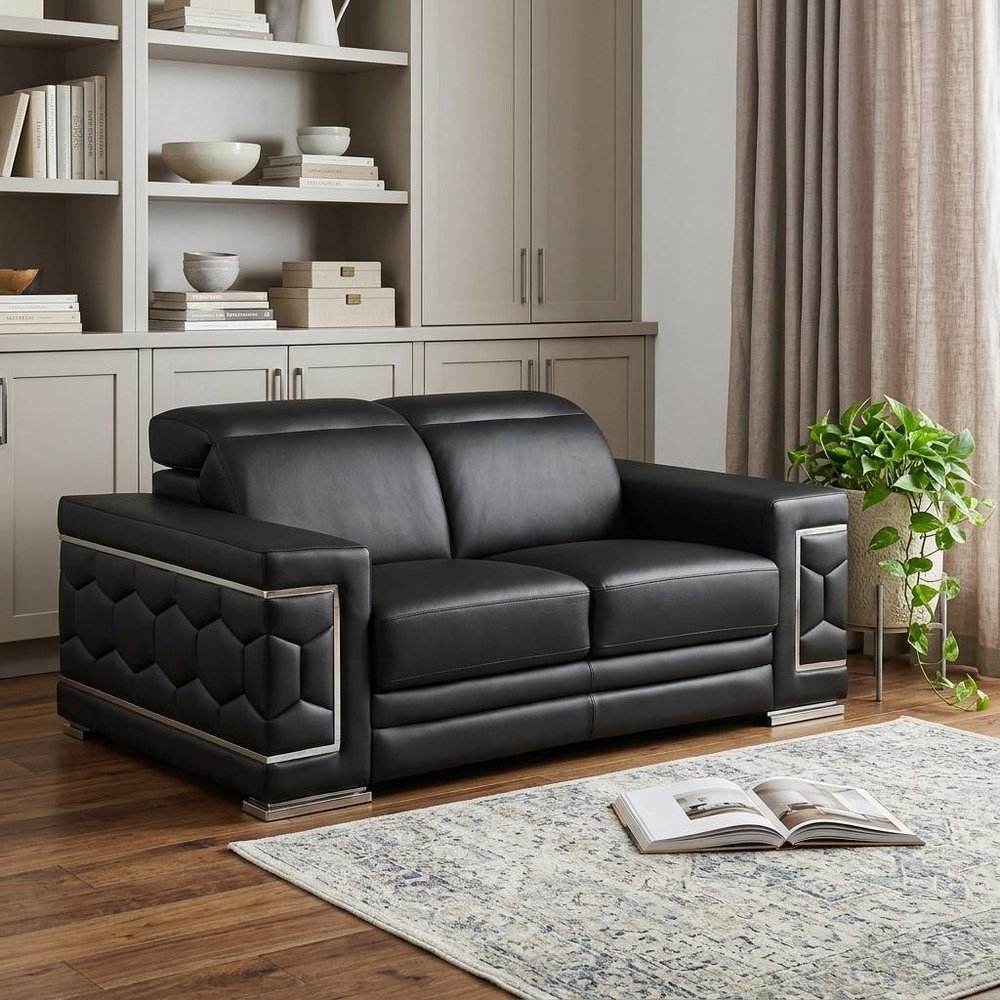 Black and Silver Genuine Leather Loveseat - 71-inch