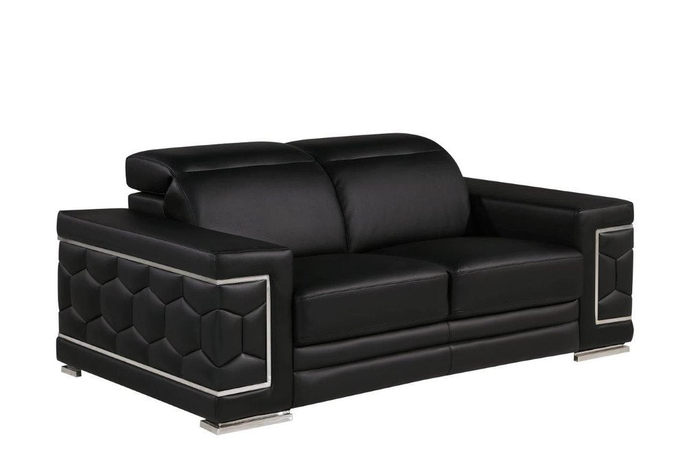 Black and Silver Genuine Leather Loveseat - 71-inch