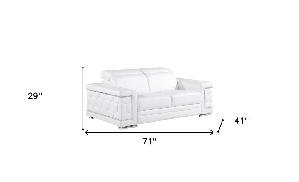White and Silver Genuine Leather Love Seat - 71-inch