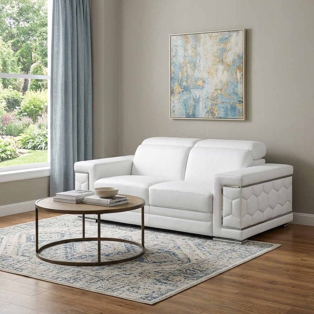 White and Silver Genuine Leather Love Seat - 71-inch