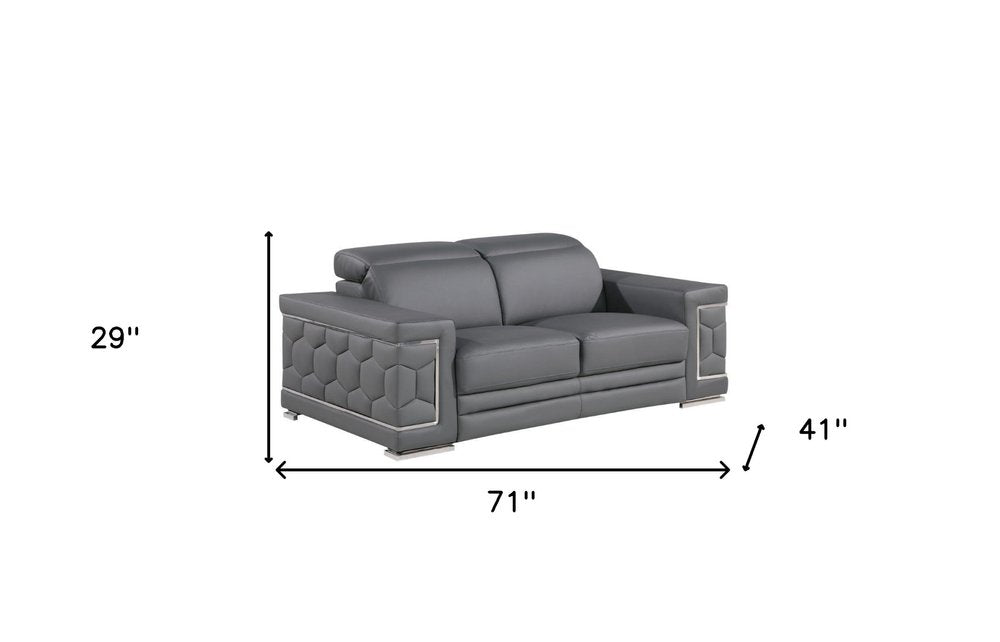 Gray and Silver Genuine Leather Loveseat - 71-inch