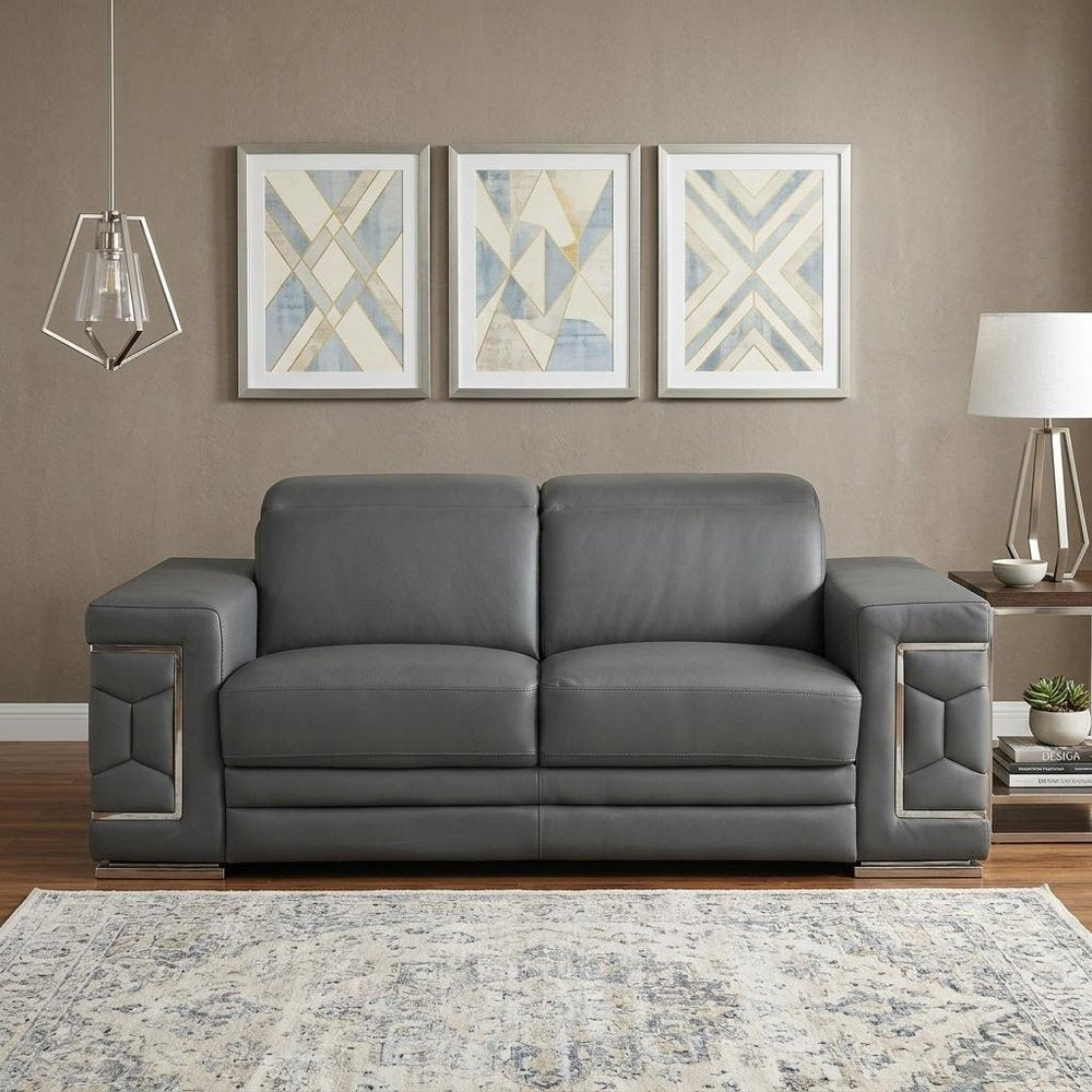 Gray and Silver Genuine Leather Loveseat - 71-inch