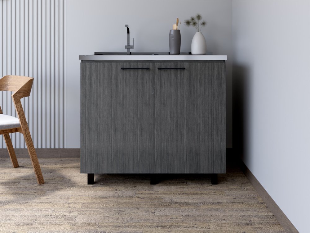Dark Gray and Silver Stainless Steel and Wood Utility Cabinet with Sink