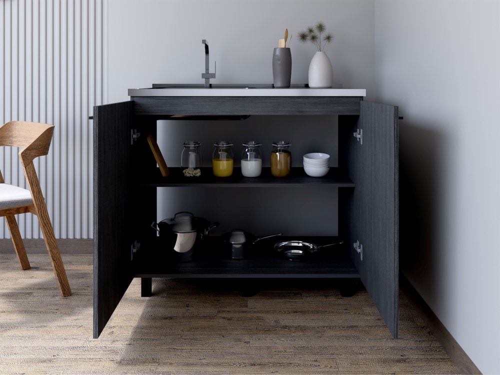 Dark Gray and Silver Stainless Steel and Wood Utility Cabinet with Sink