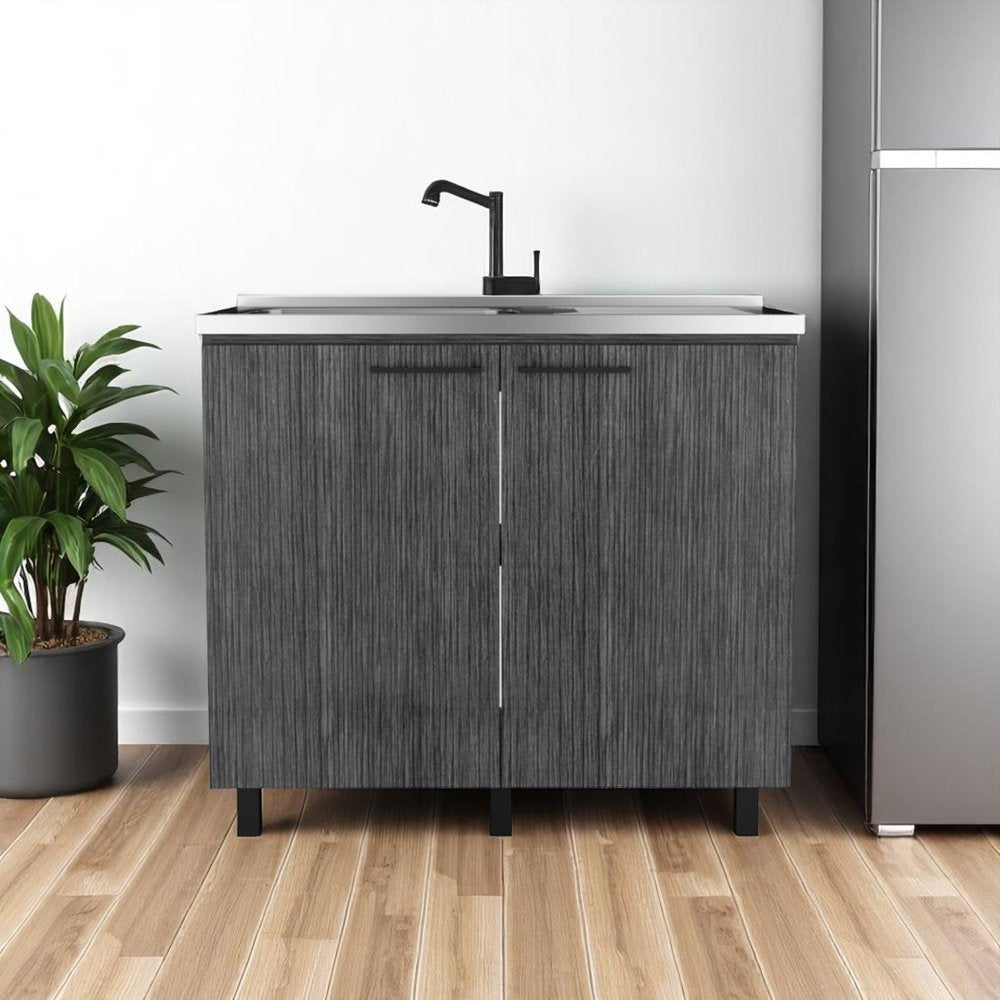 Dark Gray and Silver Stainless Steel and Wood Utility Cabinet with Sink