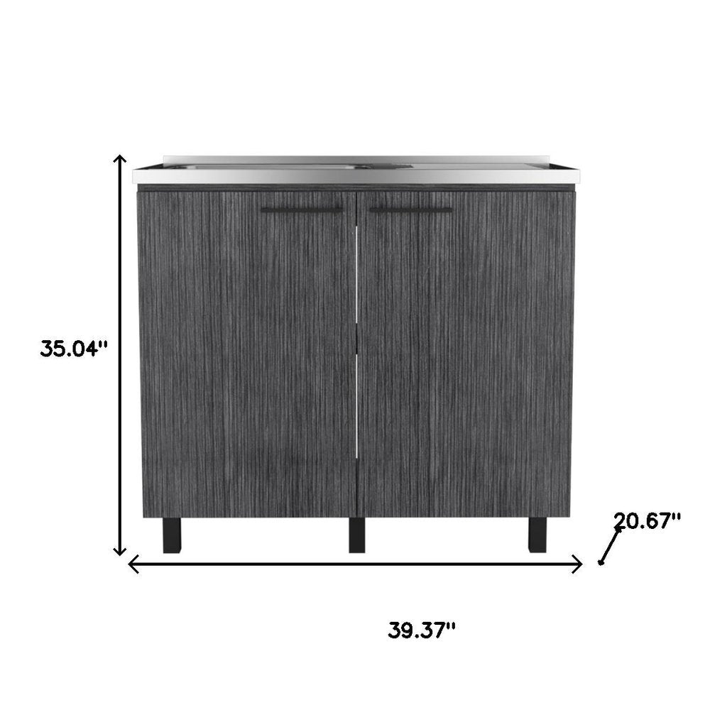 Dark Gray and Silver Stainless Steel and Wood Utility Cabinet with Sink