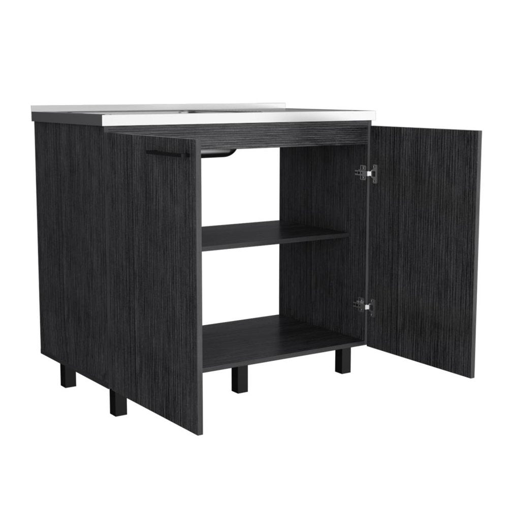 Dark Gray and Silver Stainless Steel and Wood Utility Cabinet with Sink