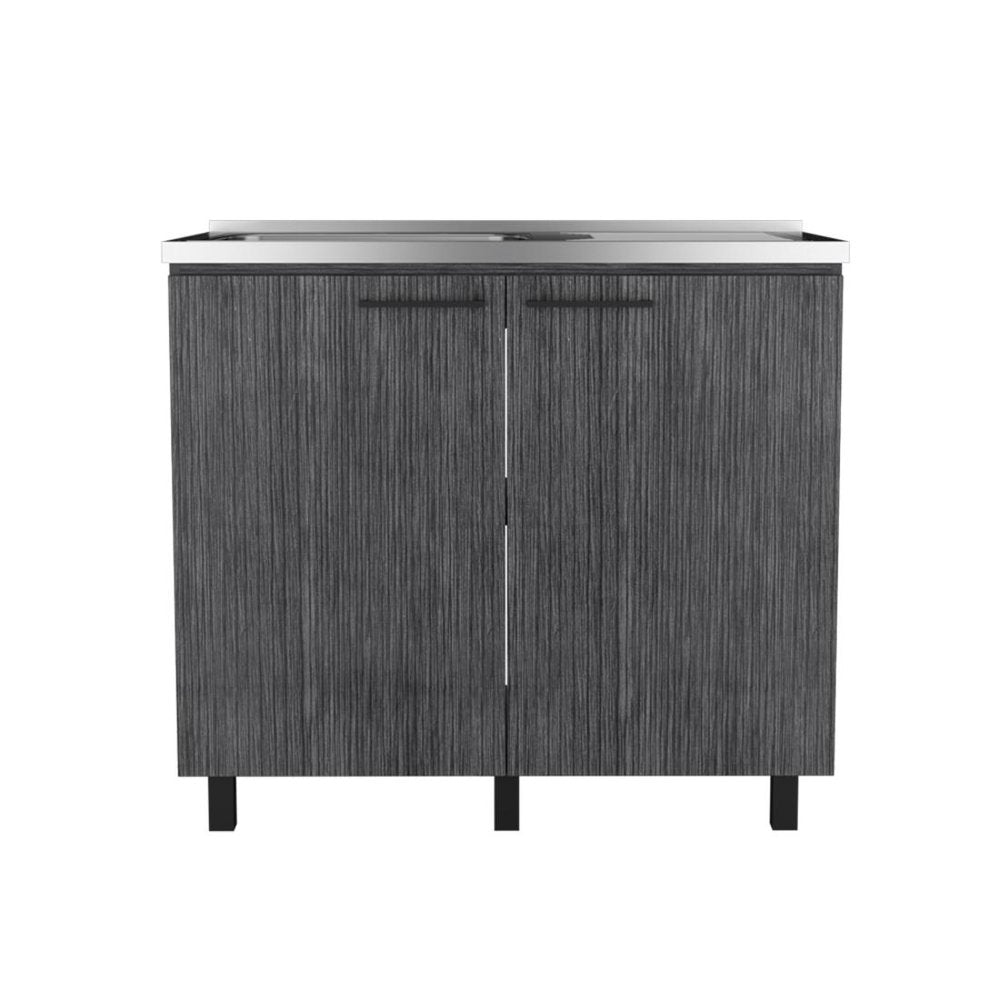 Dark Gray and Silver Stainless Steel and Wood Utility Cabinet with Sink