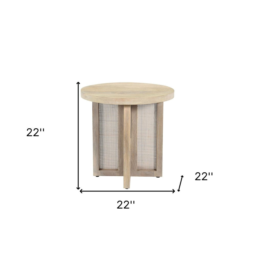 Natural Solid Wood and Rattan Round End Table - 22-inch