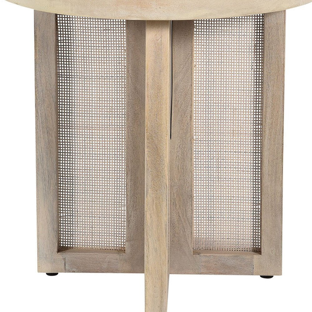 Natural Solid Wood and Rattan Round End Table - 22-inch