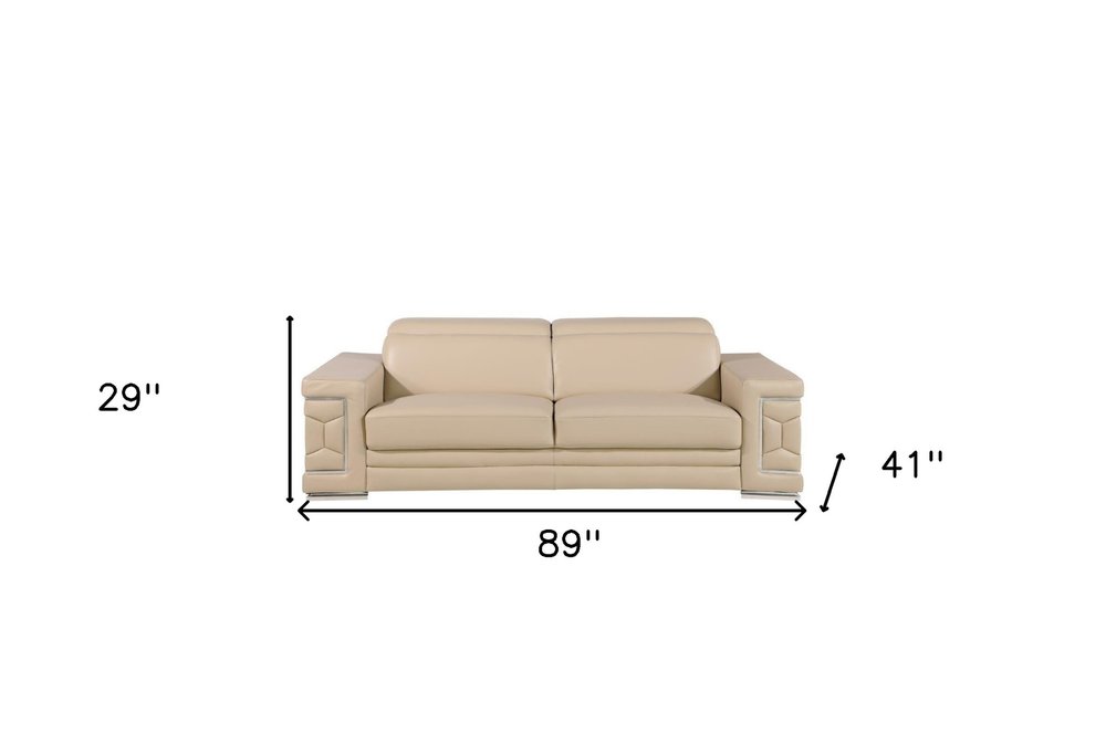 Beige Leather Sofa with Silver Legs - 89-inch
