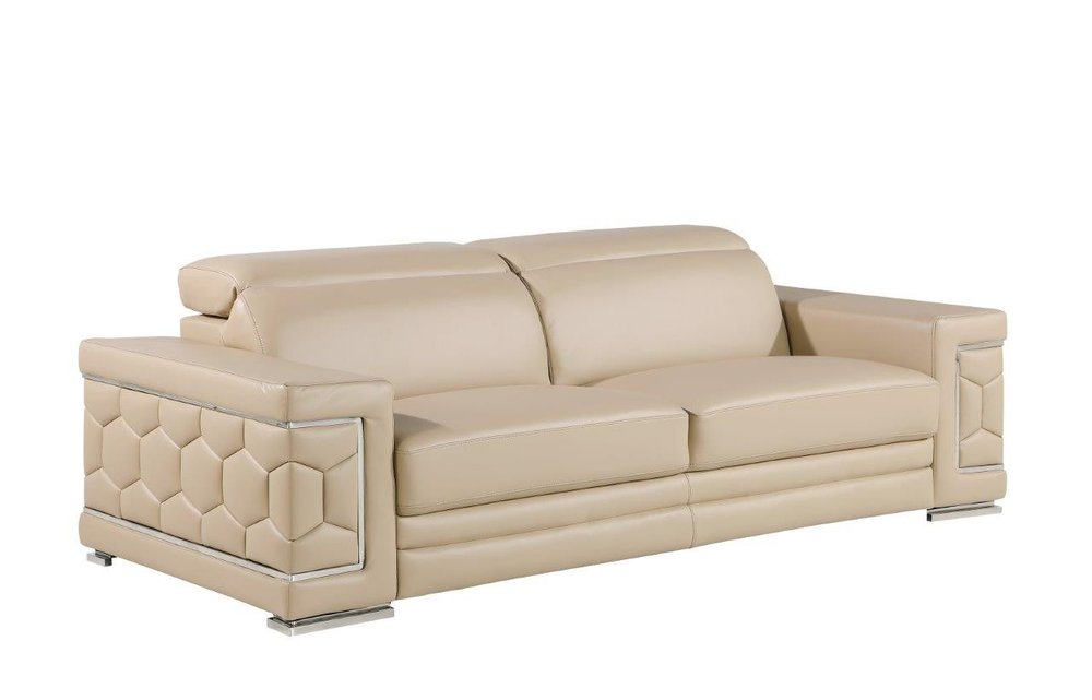 Beige Leather Sofa with Silver Legs - 89-inch