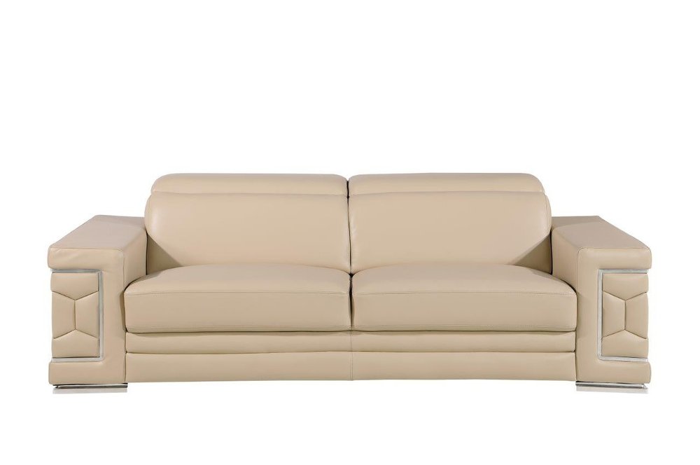 Beige Leather Sofa with Silver Legs - 89-inch