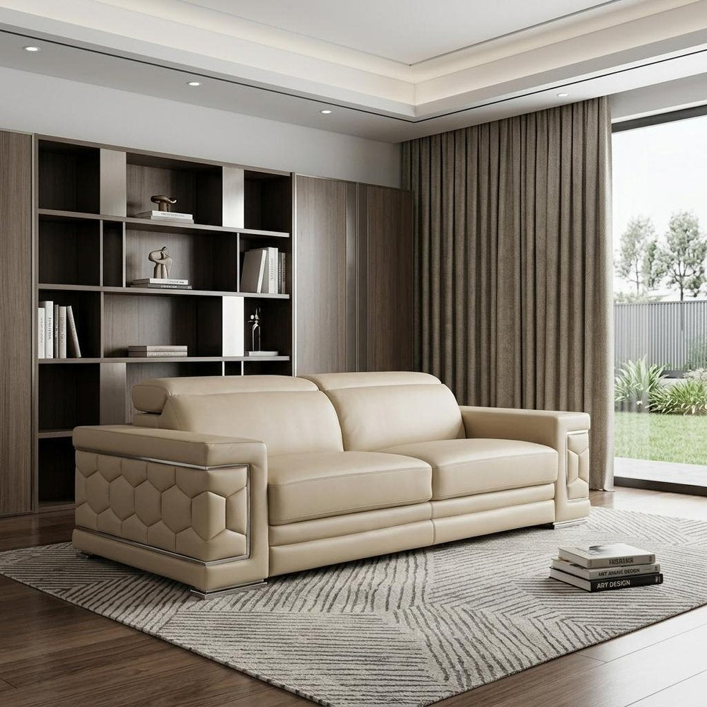Beige Leather Sofa with Silver Legs - 89-inch