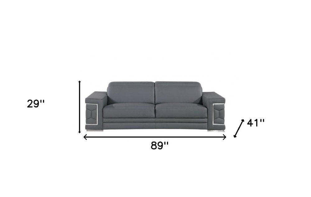 Beige Leather Sofa with Silver Legs - 89-inch