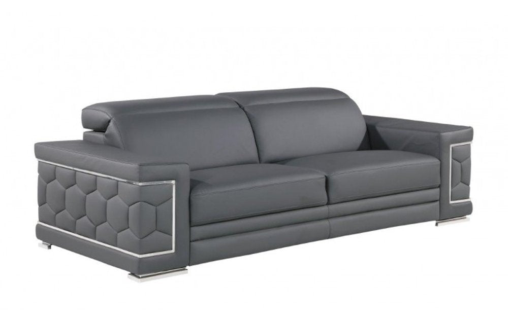 Beige Leather Sofa with Silver Legs - 89-inch