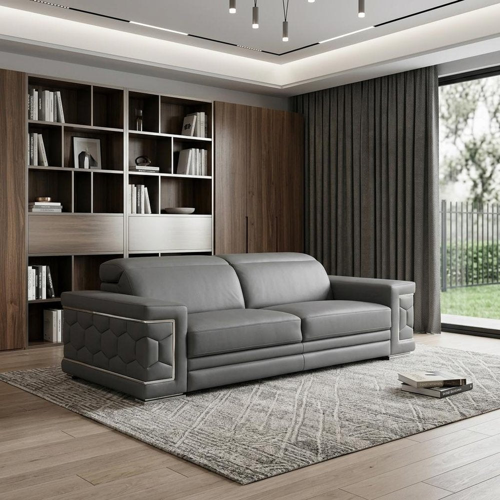 Beige Leather Sofa with Silver Legs - 89-inch