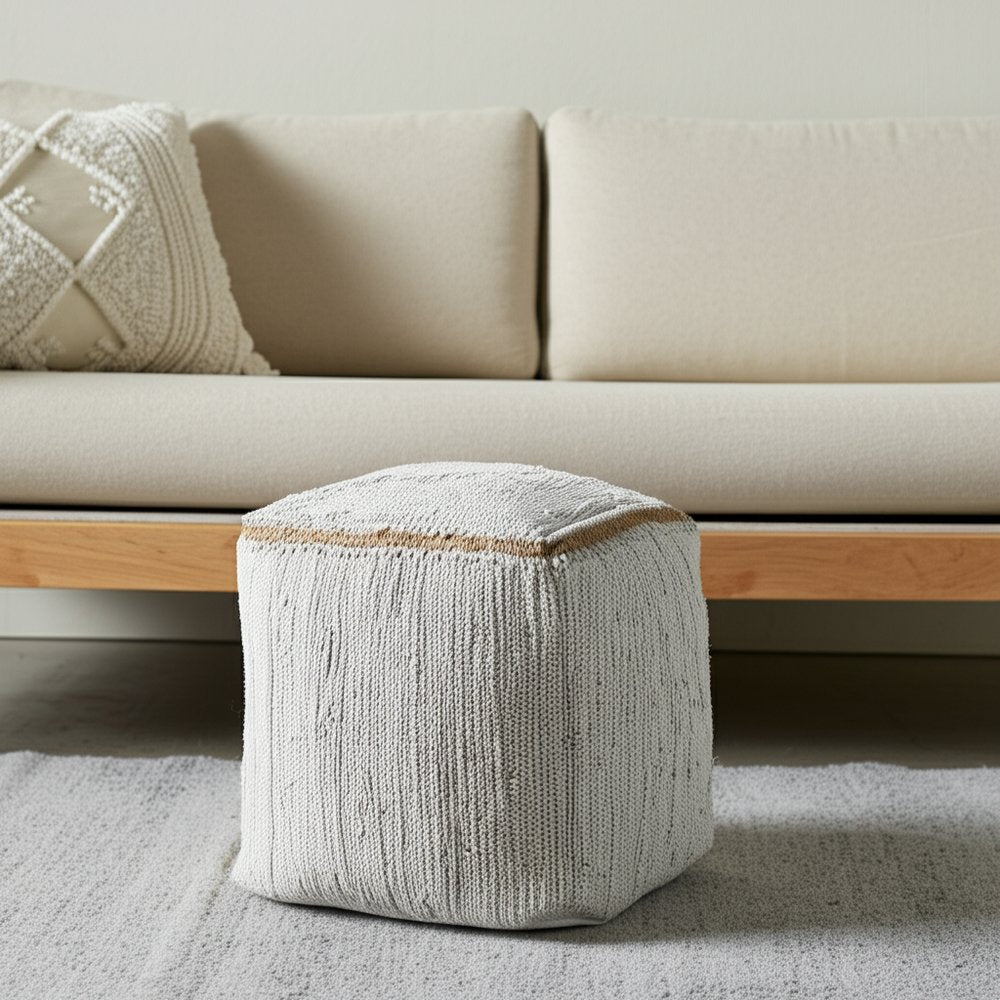 Gray and Natural Cotton and Jute Cube Pouf Ottoman - 18-inch