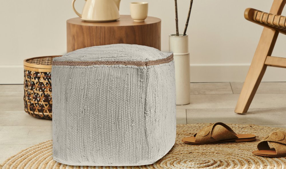 Gray and Natural Cotton and Jute Cube Pouf Ottoman - 18-inch