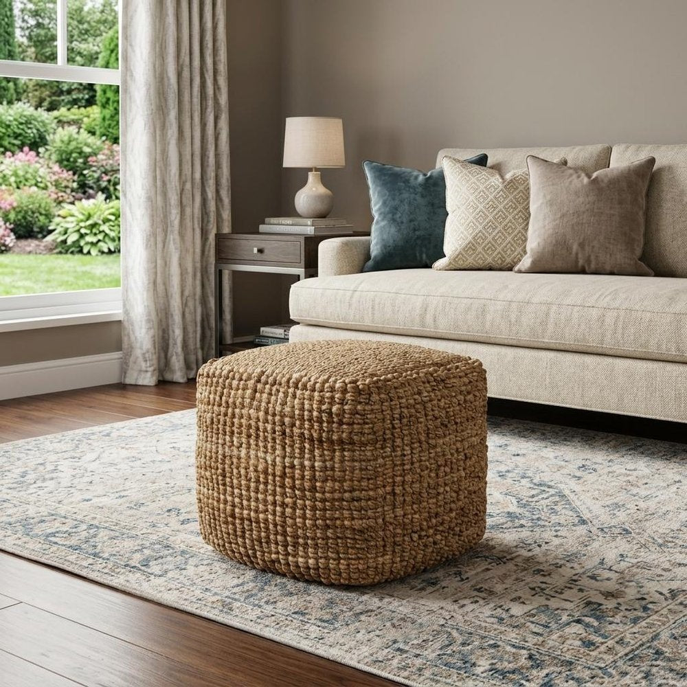 Natural Jute Blend Cube Pouf Ottoman - 18-inch