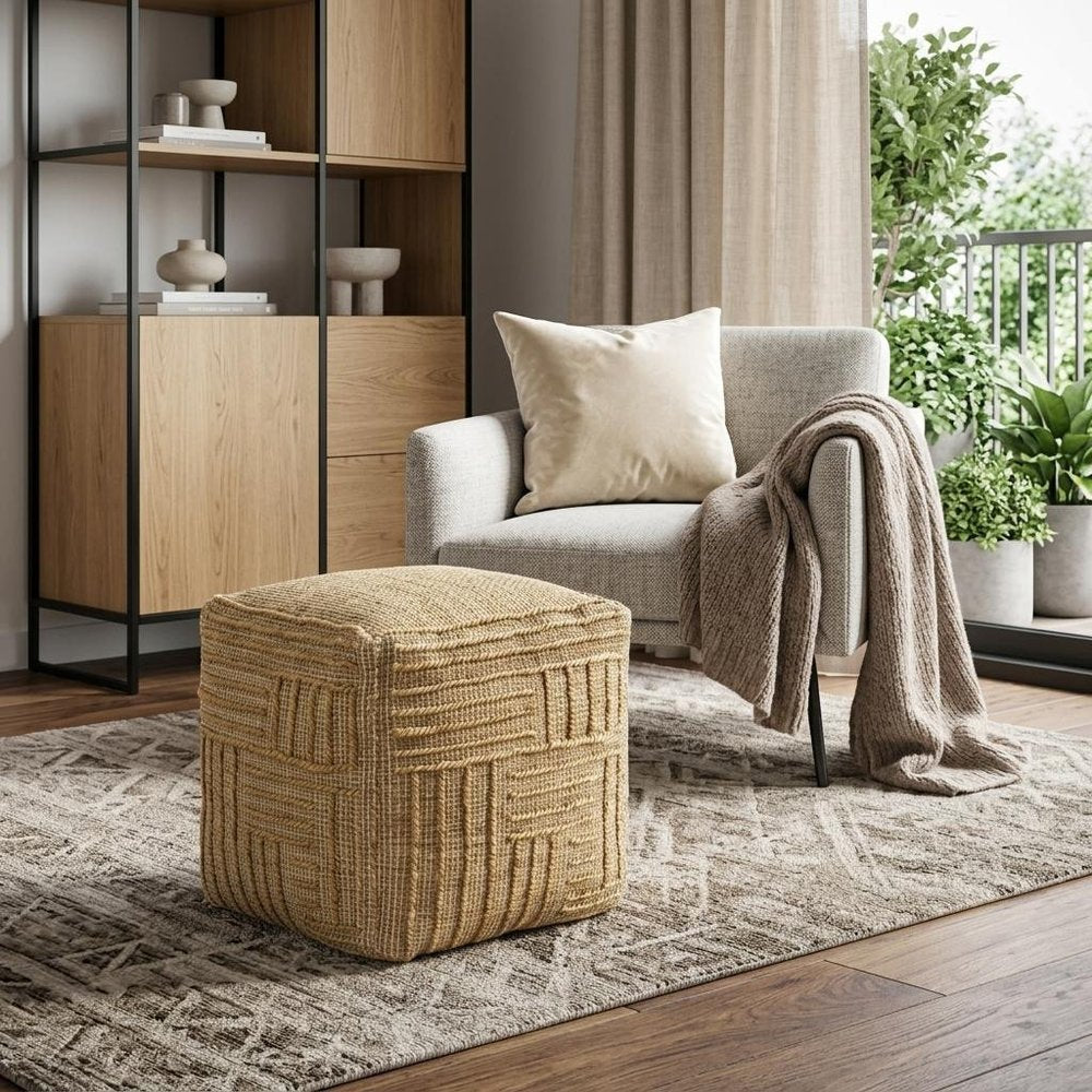 Natural Jute Blend Cube Striped Pouf Ottoman - 18-inch