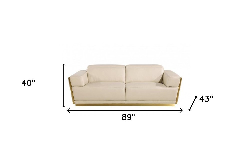 Beige and Gold Leather Sofa - 89-inch