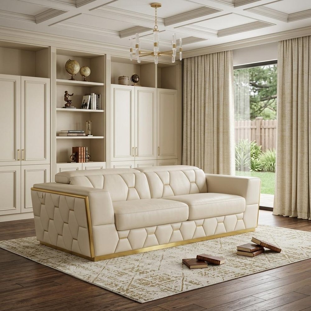 Beige and Gold Leather Sofa - 89-inch