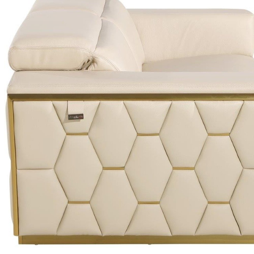 Beige and Gold Leather Sofa - 89-inch