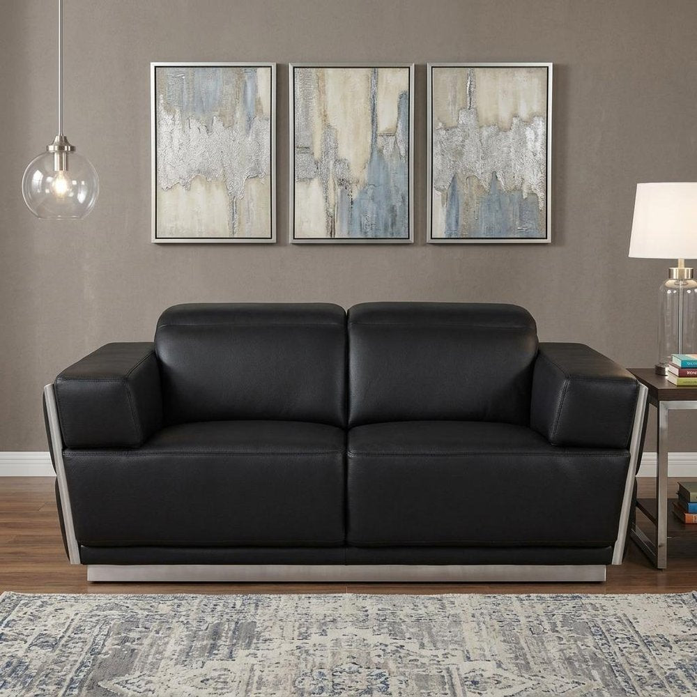 Black and Silver Italian Leather Loveseat - 70-inch