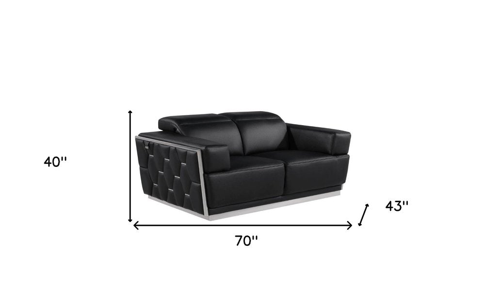 Black and Silver Italian Leather Loveseat - 70-inch