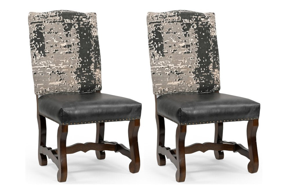 Set of Two Black Gray and Dark Brown Solid Wood Upholstered Chenille and Leather Dining Side Chairs