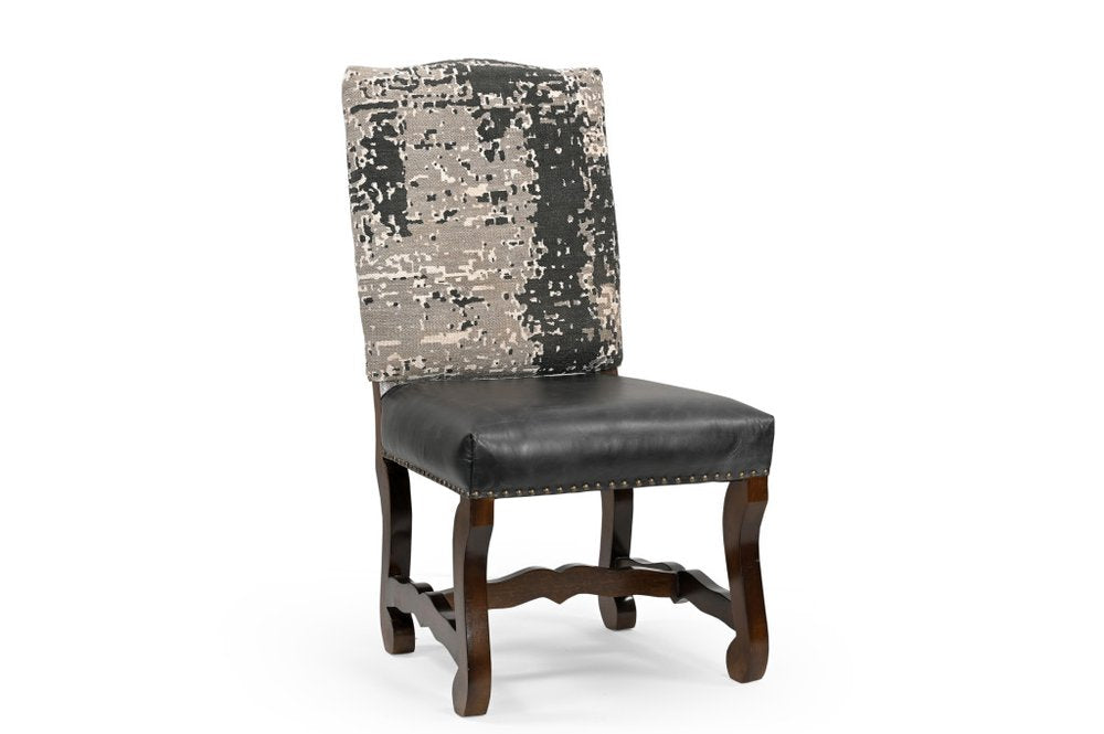 Set of Two Black Gray and Dark Brown Solid Wood Upholstered Chenille and Leather Dining Side Chairs
