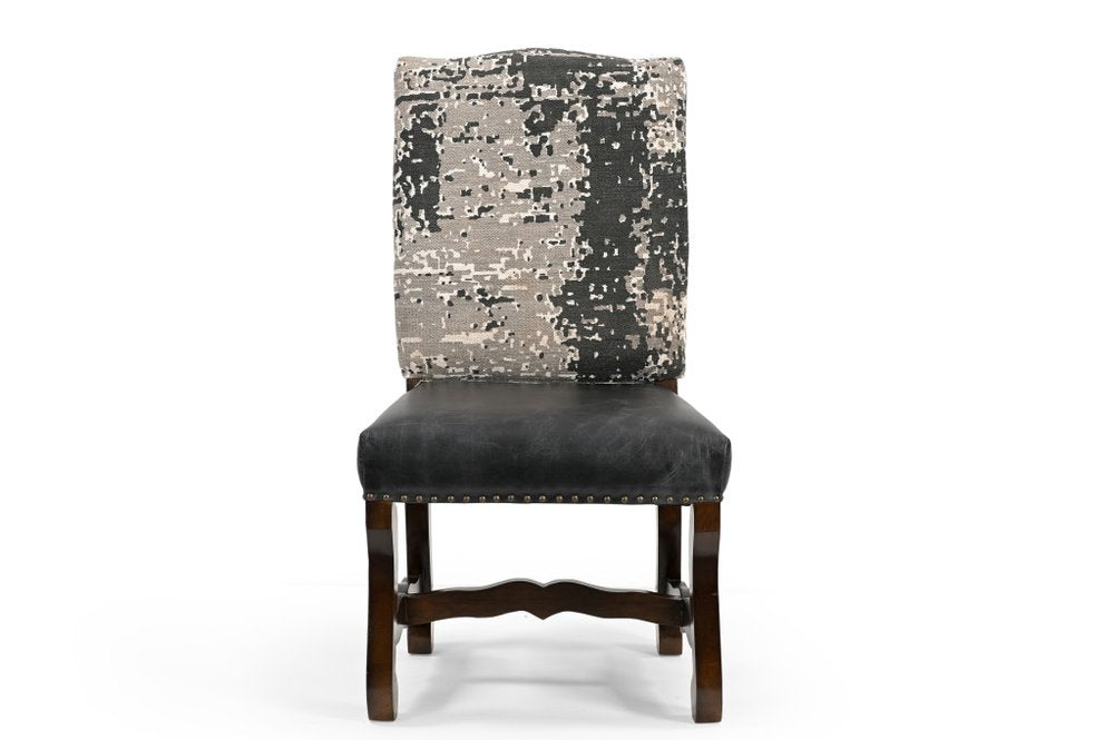 Set of Two Black Gray and Dark Brown Solid Wood Upholstered Chenille and Leather Dining Side Chairs
