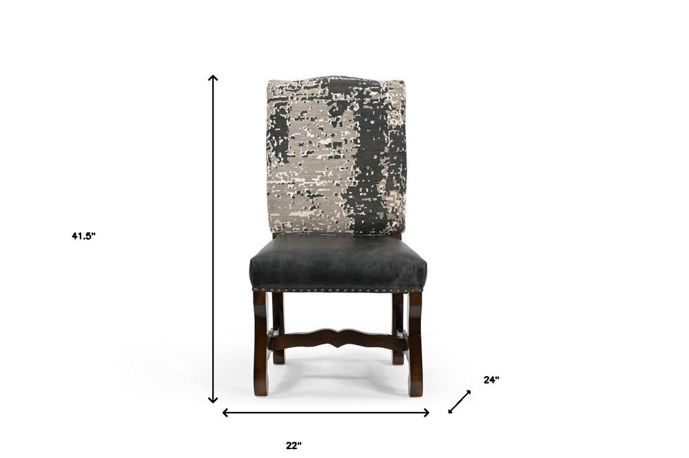 Set of Two Black Gray and Dark Brown Solid Wood Upholstered Chenille and Leather Dining Side Chairs